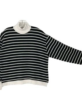 ZARA Sweater S Black White Striped Mock Neck Long-Sleeve
